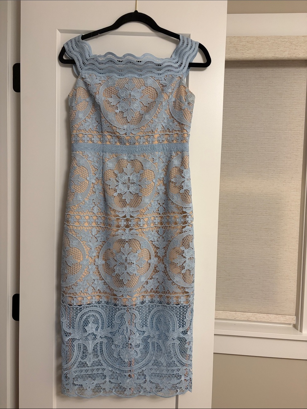 Sky Blue Lace Midi Dress with Scalloped Neckline